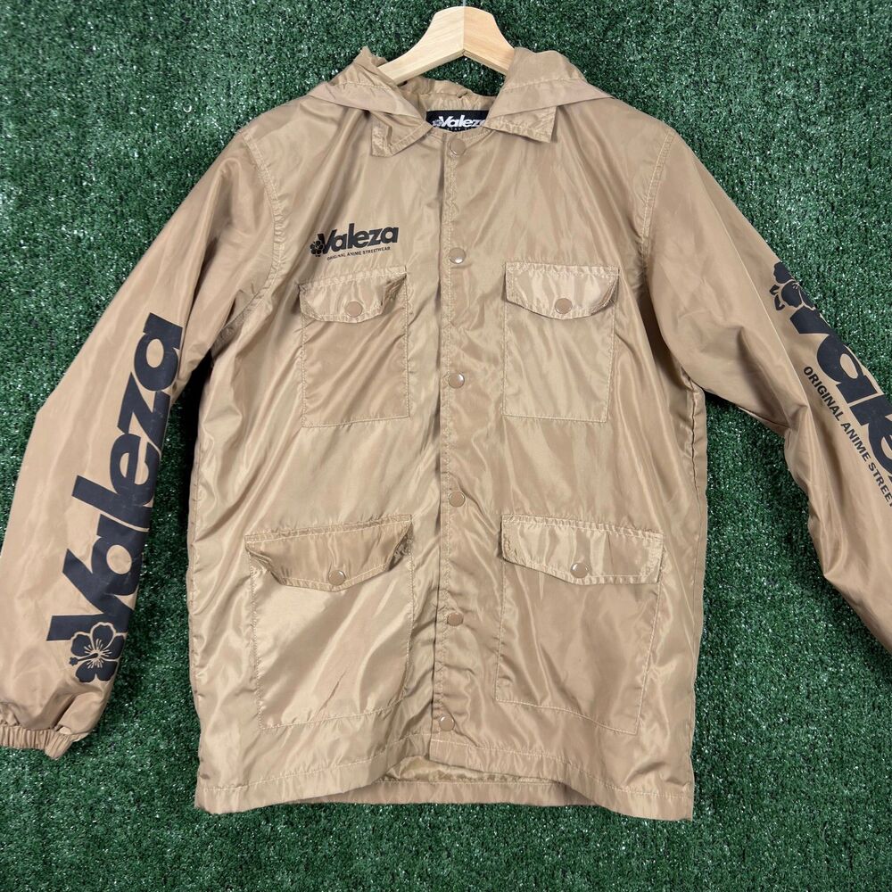 Valeza Men's Hooded Windbreaker Jacket Size S Tan Anime Streetwear Graphic Skate - Picture 4 of 11